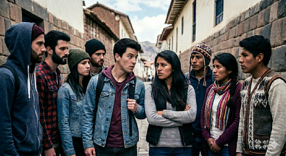 Grupo de jóvenes peruanos con rasgos andinos y occidentales enfrentándose con desconfianza en una calle estrecha de piedra en el Cusco. Metáfora visual de la identidad nacional fallida y el racismo que bloquea el desarrollo del Perú.